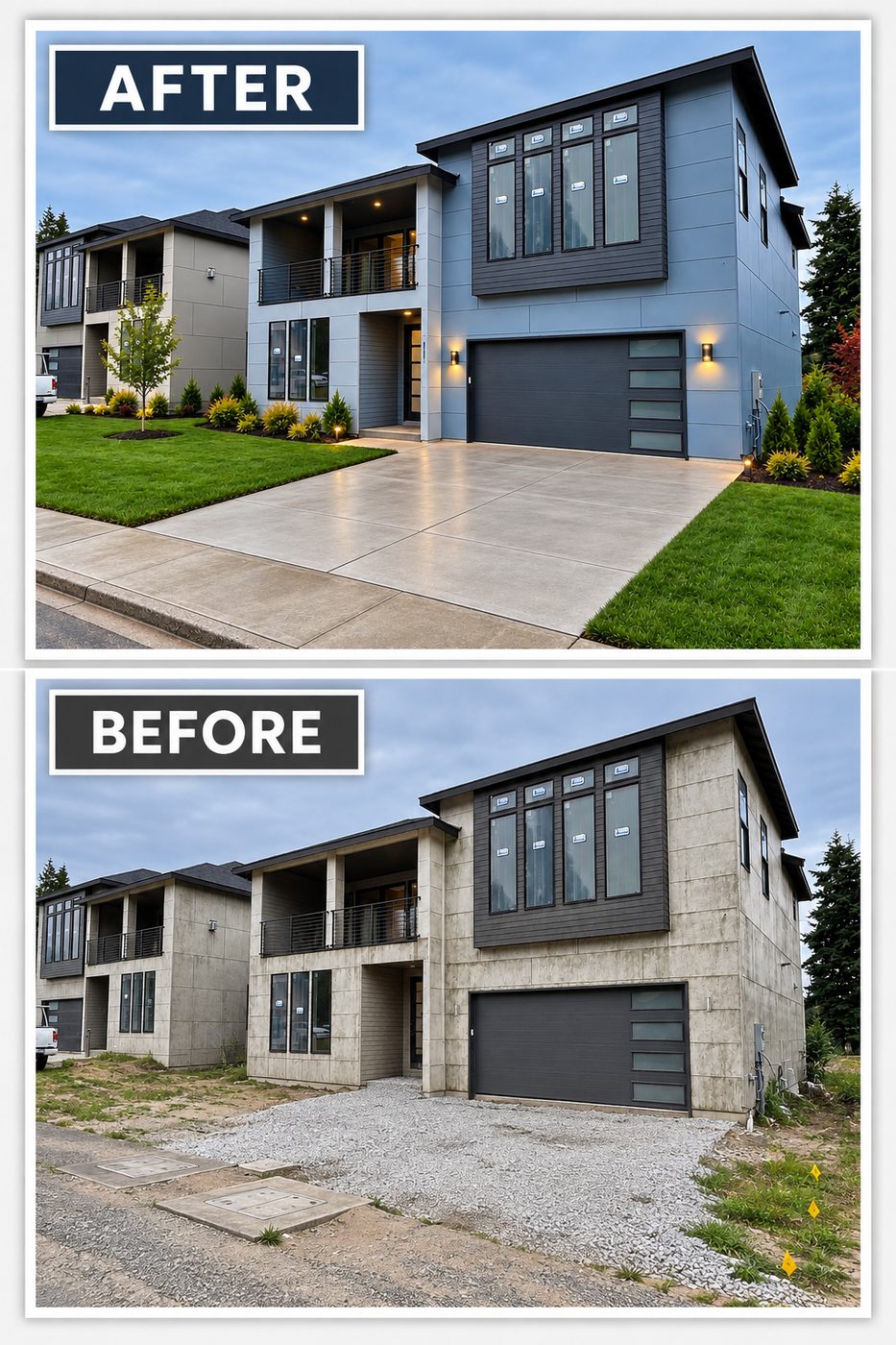 Before and after exterior repaint of a modern two-story blue home
