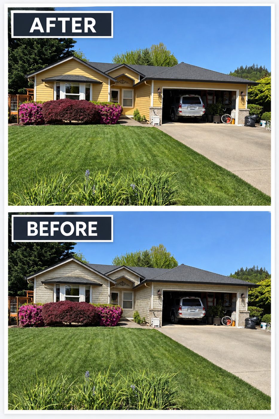 Before and after exterior repaint of a yellow single-story home
