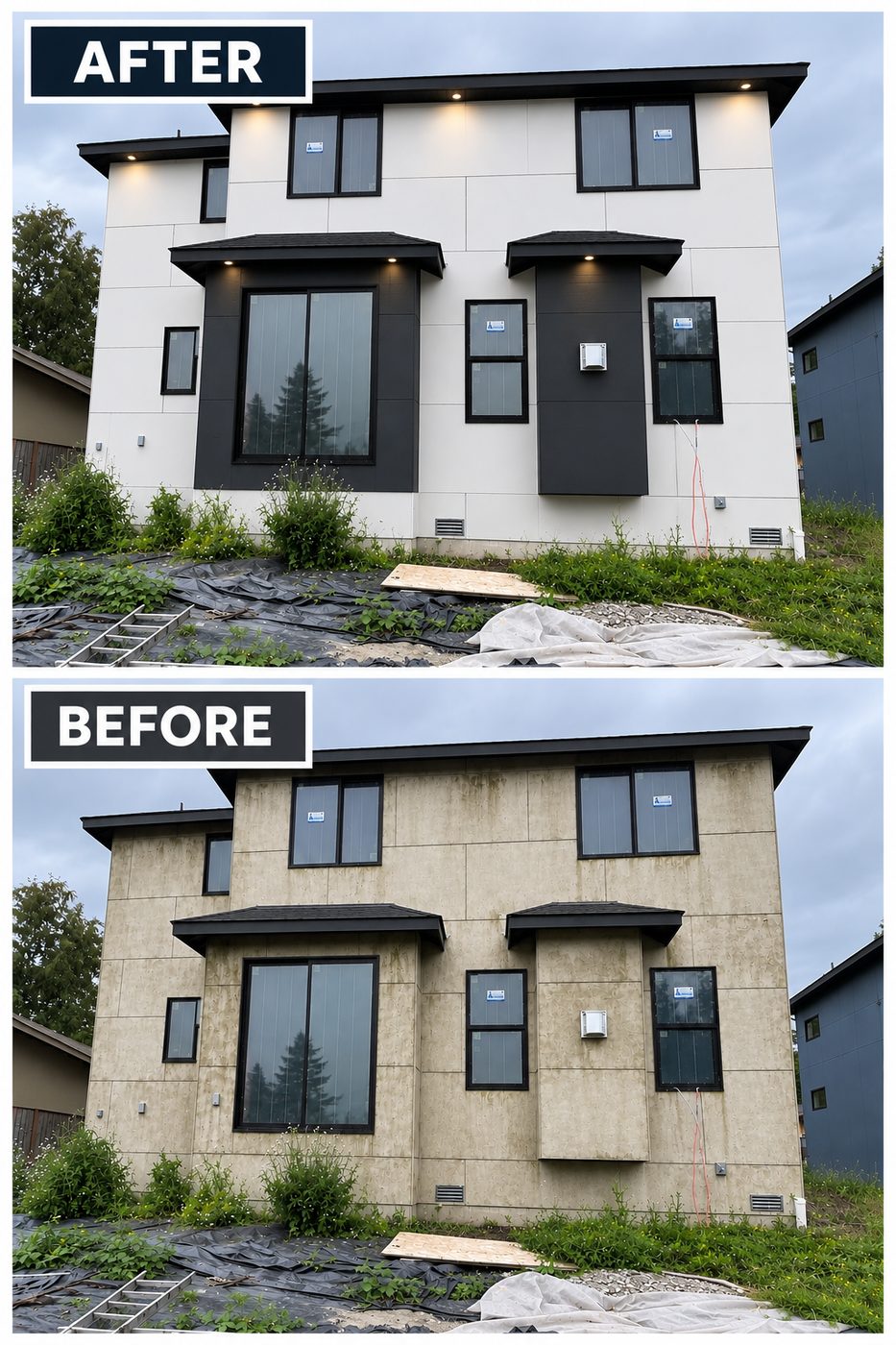 Before and after exterior repaint of a modern white and black home
