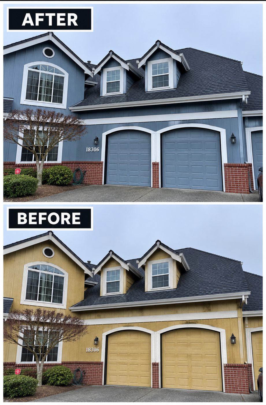 Before and after exterior repaint of a townhome from yellow to blue with red brick trim