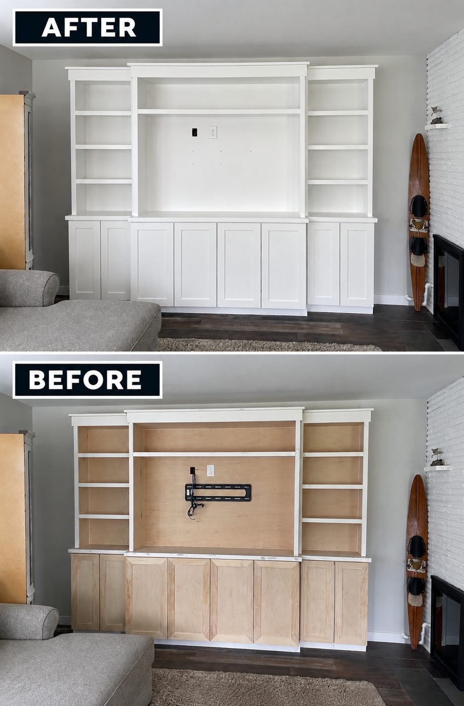 Before and after cabinet painting of a built-in entertainment center from raw wood to white