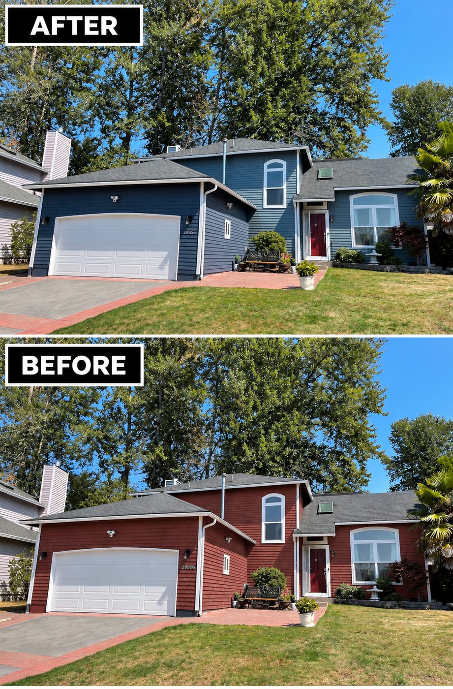 Before and after exterior repaint of a single-story home from red to blue