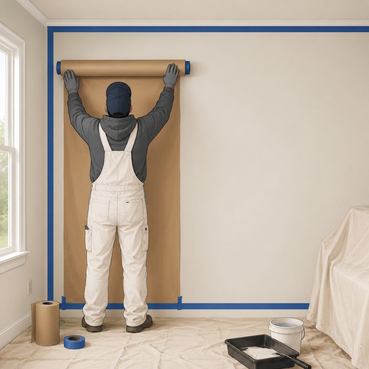 Painter masking off a wall before painting
